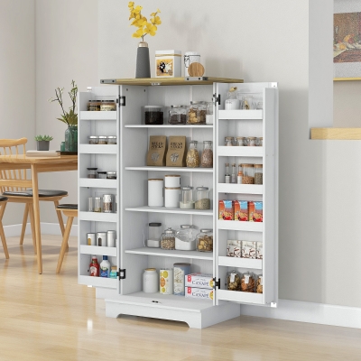 HOMCOM Farmhouse Kitchen Pantry Storage Cabinet, Kitchen Pantry Cabinet with Doors and Adjustable Shelves, Cream White