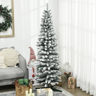 HOMCOM 6' Snow Flocked Slim Christmas Tree with Plastic Base, Green