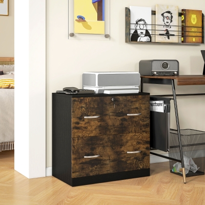 Vinsetto 2 Drawer File Cabinet with Lock, Office Filing Cabinet, Hanging Bar for Letter Size, Home Office, Rustic Brown