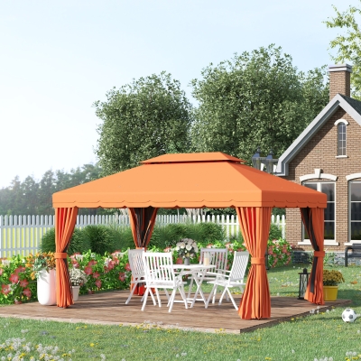 Outsunny 10 x 13ft Aluminum Frame Gazebo Canopy Double Tier Garden Shelter with Netting and Curtains, Orange