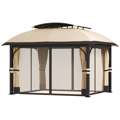 Outsunny 11' x 13' Patio Gazebo, Double Roof Outdoor Gazebo Canopy with Netting & Curtains, Galvanized Metal Frame, Khaki