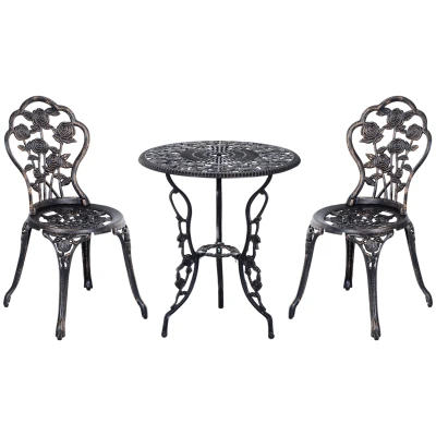 Outsunny 3 Pieces Aluminum Bistro Set, Bistro Table Set Outdoor Patio Furniture with Umbrella Hole, Patio Table and Chairs with Floral Patterns for Garden, Balcony, Porch, Bronze