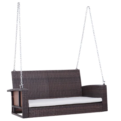 Outsunny 2-Person Patio Porch Swing Chair, Outdoor Rattan Hanging Bench with Cushion & 7.2 ft Steel Chains, Beige