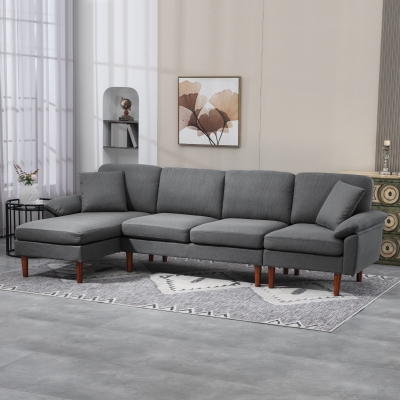 HOMCOM L-Shape Sofa, Modern Sectional Couch with Changeable Chaise Lounge, Pillows and Wooden Legs for Living Room, Dark Grey