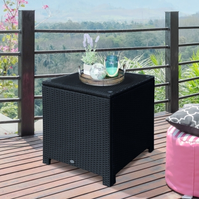 Outsunny Rattan Side Table Wicker Coffee Table with Glass Top Outdoor Patio Furniture For Patio Poolside Garden Lawn, Black