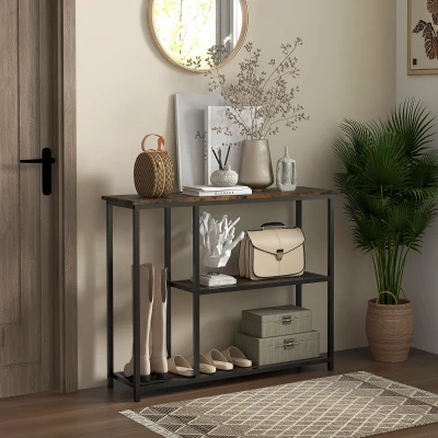 HOMCOM 39" Console Table with 2 Shelves, Steel Frame, Brown