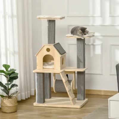 PawHut Cat Tree Condo with Scratching Posts, Natural