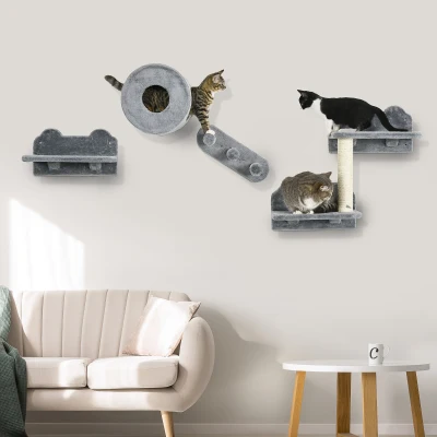 PawHut Cat Wall Shelves, 4-Piece Furniture Set, Gray
