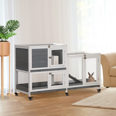 PawHut Wooden Rabbit Hutch Elevated Pet House Bunny Cage Small Animal Habitat with Slide-out Tray Lockable Door Openable Top for Indoor 58" x 18" x 35" Grey