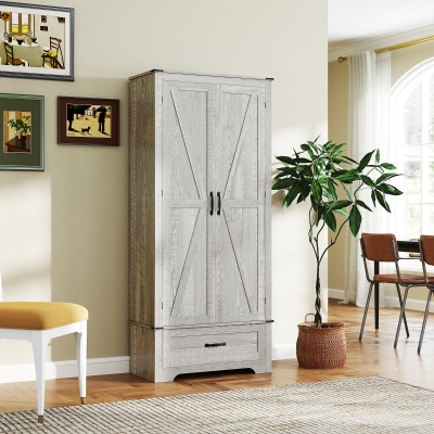 HOMCOM 72" Farmhouse Pantry Cabinet with Adjustable Shelves, Kitchen Pantry Cabinet with 2 Doors, Distressed Light Grey