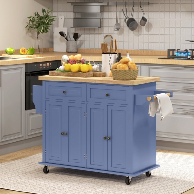 HOMCOM Kitchen Island with Storage, Rolling Trolley Cart with Rubber Wood Top, Spice Rack, Towel Rack, Navy Blue