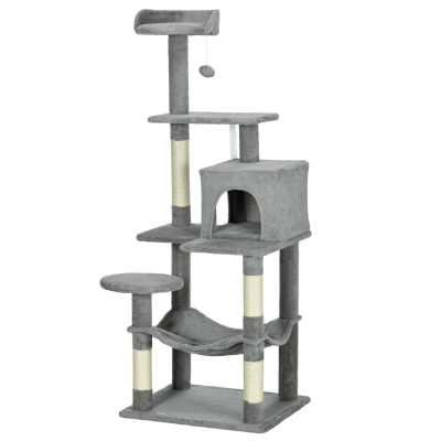 PawHut Tall Cat Tree for Indoor Cats, 56" Multi-Level Cat Tower with Hammock, Cat Bed, Cat Condo with Sisal Scratching Posts, Grey