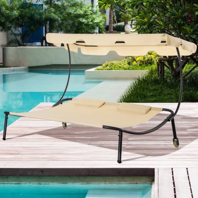 Outsunny Patio Double Chaise Lounge Chair, Beige with Canopy