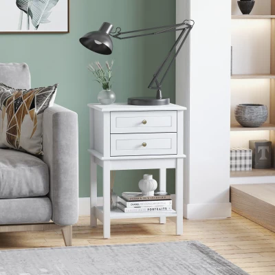 HOMCOM Modern Side Table with 2 Drawers & Bottom Shelf, White