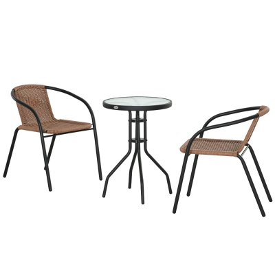 Outsunny 3 Pieces Outdoor Wicker Furniture Set with 2 Stackable Chairs, Tempered Glass Coffee Table for Garden, Backyard, Brown