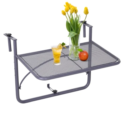 Outsunny Adjustable Balcony Hanging Railing Table, Metal Mounting Mini Wall Desk Storage Rack, Outdoor Flower Stand Serving Table Rectangle, Grey