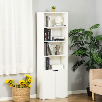 HOMCOM 4-Tier Open Bookshelf with Doors Modern Home Office Bookcase Storage Cabinet for Living Room Bathroom Study, White