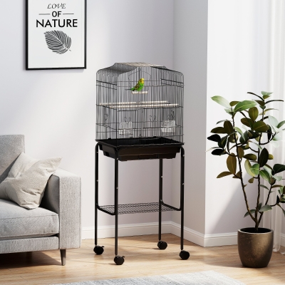 PawHut 49" Rolling Bird Cage Cockatoo House Play Top Finch Pet Supply with Storage Shelf, Wheels - Black