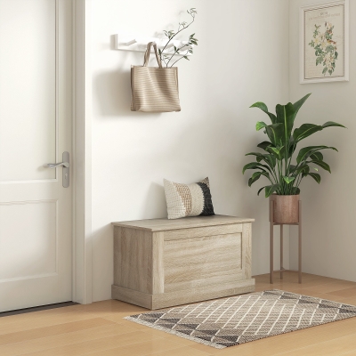 HOMCOM 31.5 Inches Storage Chest, Storage Trunk with Safety Hinge, Wooden Box for Living Room, Natural Wood Grain