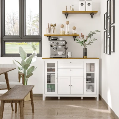 HOMCOM 47" Buffet Cabinet with Rubber Wood Top & Glass Door, White