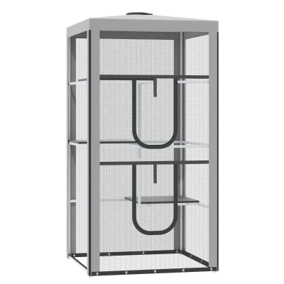 PawHut 79" Cat Cage, Large Outdoor Kitten House, Indoor Cage Pet Kennel Playpen with 3 Platforms Door 4 Sandbags - Grey