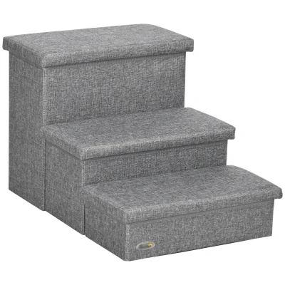 PawHut Dog Stairs, 3-Tier Dog Steps for High Bed Couch with Storage Box, Portable Dog Ramp Home Ladder for Small Cat and Dog
