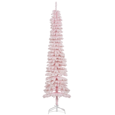 HOMCOM 7ft Snow-Flocked Artificial Christmas Tree, Slim Pencil Xmas Tree with 490 Realistic Branches, Metal Base, Pink