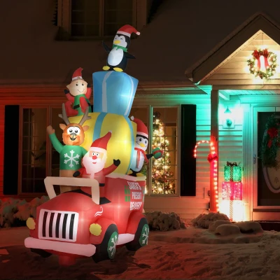 Outsunny 9ft Christmas Inflatable Santa Gift Car with Elk & Penguins