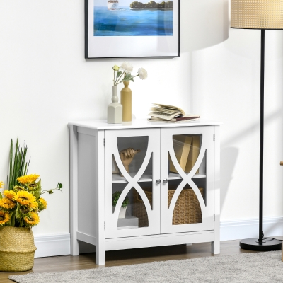 HOMCOM Kitchen Sideboard, Glass Door Buffet Cabinet, Bathroom Storage Cabinet with Adjustable Storage Shelf for Dining Room, Living Room, White