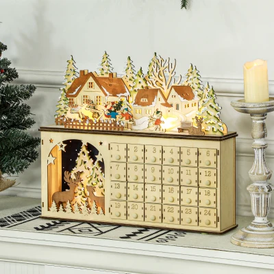 HOMCOM Wooden Christmas Advent Calendar with 24 Drawers, LED
