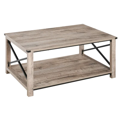 HOMCOM Industrial Coffee Table, Cocktail Table with Bottom Storage Shelf, Metal X-Bar for Living Room Bedroom