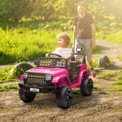 Qaba 12V Ride on Truck, Electric Car for Kids with Remote Control, Suspension, 3 Speeds, USB Music Headlights, Pink