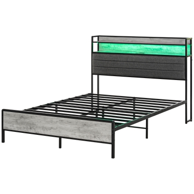 HOMCOM Full Bed Frame with Storage, LED Lights, Cement Gray