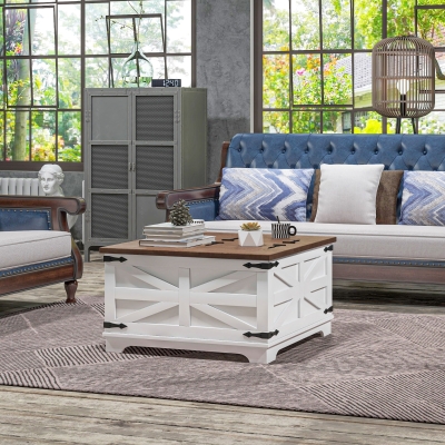HOMCOM Farmhouse Coffee Table, Square Center Table with Flip-top Lids, Hidden Storage Compartment, White
