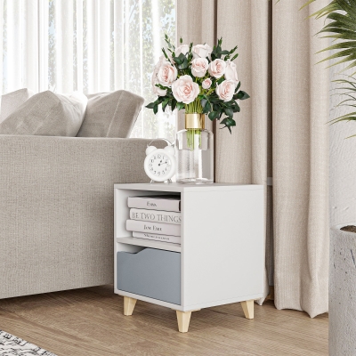 HOMCOM Modern Bedside Table, Side End Table with Shelf, Drawer and Wood Legs, 14.5" x 13" x 17.2", White and Grey