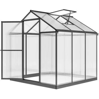 Outsunny 6' x 8' x 6.4' Polycarbonate Greenhouse, Aluminum Walk-In Green House Kit Garden, Plants Grow with Rain Gutter and Roof Vent, Charcoal Grey