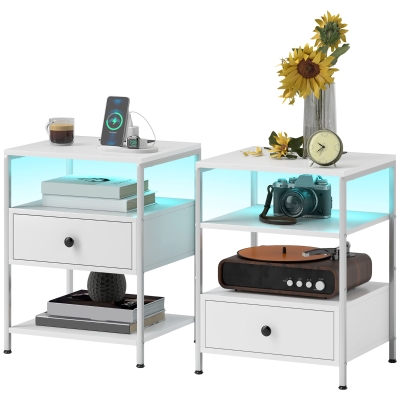 HOMCOM Set of 2 Side Tables with Charging Stations & LED, White