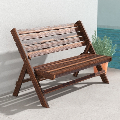 Outsunny 2-Seater Wooden Outdoor Bench, Foldable Garden Bench with Slatted Backrest and Seat, Patio Loveseat, Carbonised Finish