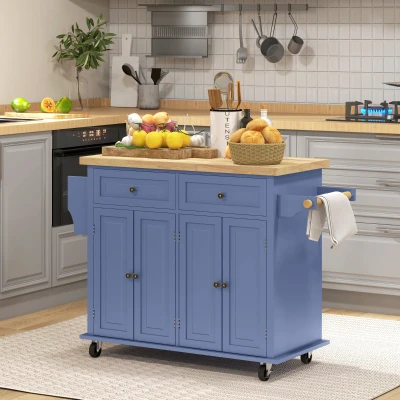 HOMCOM Rolling Kitchen Island Cart with Rubberwood Top, Navy Blue