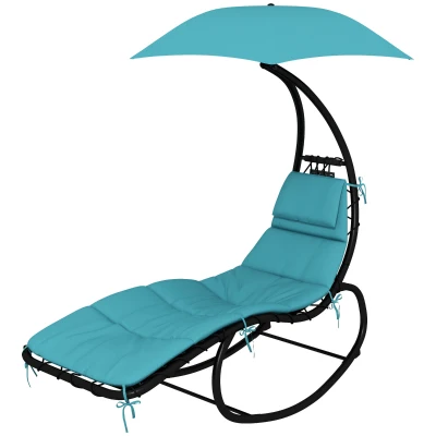 Outsunny Tanning Chair with Sunshade Roof, Rocking Base, Cushion, Headrest, Turquoise