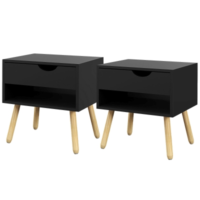 HOMCOM Set of 2 Nightstands with Storage Drawer and Shelf, Modern Bedside Table for Bedroom, Black