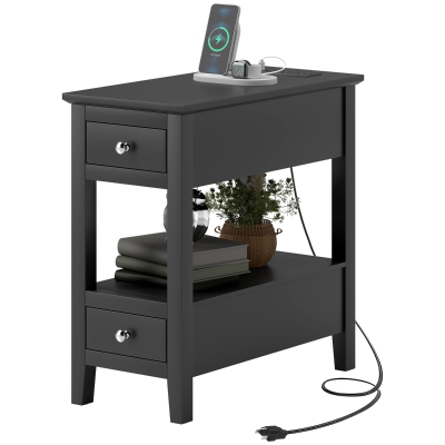 HOMCOM Narrow Side Table with Charging Station, USB Ports, Modern End Table with Storage Shelf, Drawers for Living Room, Black