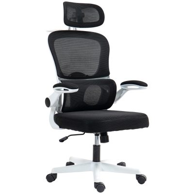 HOMCOM Mesh Office Chair, Ergonomic Desk Chair with Flip-up Armrest, Rotatable Headrest, Adjustable Lumbar Support, Black