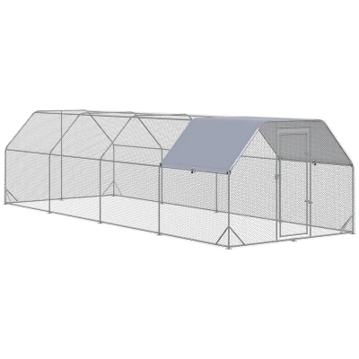 PawHut Chicken Run, Galvanized Large Metal Chicken Coop Cage, Walk-in Enclosure Poultry Hen Run House Playpen Rabbit Hutch with Flat Roof, Cover, 9.2' x 24.9' x 6.5', Silver