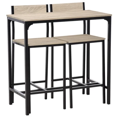 HOMCOM Industrial Bar Table Set Counter Height 3 Piece and 2 High Back Stools Set Dining Table Set Natural Wood