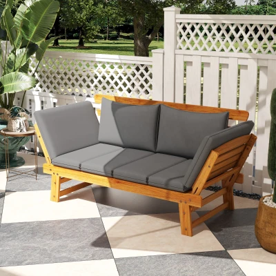 Outsunny Outdoor Wooden Garden Bench, Gray Loveseat with Cushions