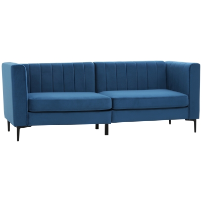 HOMCOM Modern 3-Seater Sofa, 78" Channel Tufted Sofa Couch with Velvet Fabric Upholstery, Steel Legs and Bed Slats for Living Room, Bedroom and Flat, Blue
