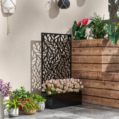 Outsunny Metal Outdoor Privacy Screen with Raised Graden Bed, Privacy Panel and Planter Box, Wall-Mounted or Freestanding