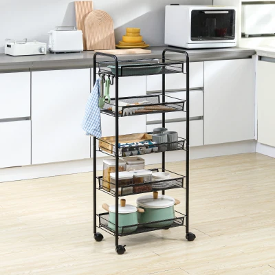 HOMCOM 5-Tier Rolling Metal Kitchen Cart with Mesh Baskets, Black