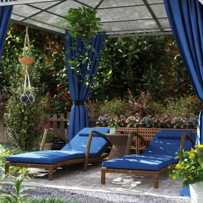 Outsunny Set of 2 Wicker Chaise Lounge Chair Outdoor Patio Lounger with 5 Adjustable Back, Wheels, Cushion and Armrests, Blue